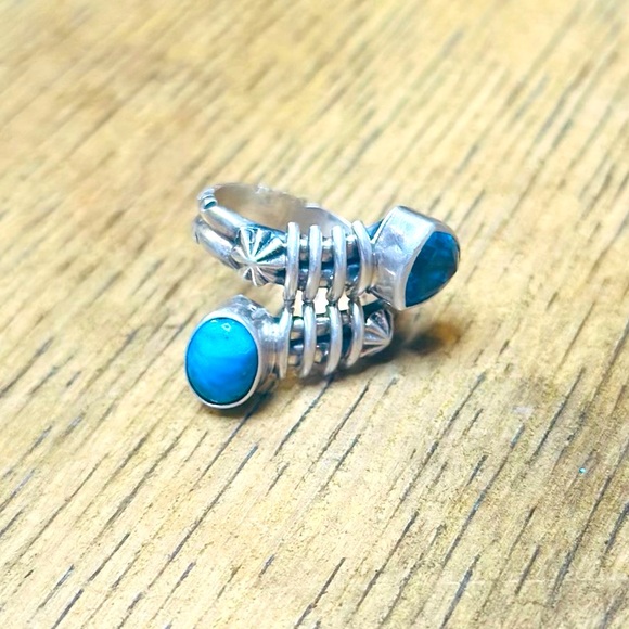 American West Jewelry - American West Authentic Turquoise and Blue Topaz Sterling Silver Ring Size 7